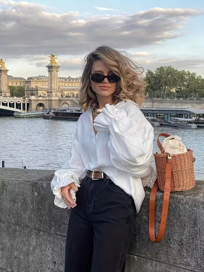 Bluse mit gerafften Ärmeln und V-Ausschnitt für Damen