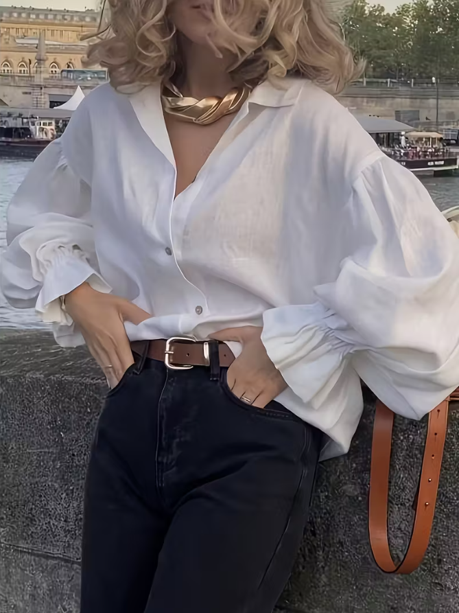 Bluse-mit-gerafften-Armeln-und-V-Ausschnitt-fur-Damen.png