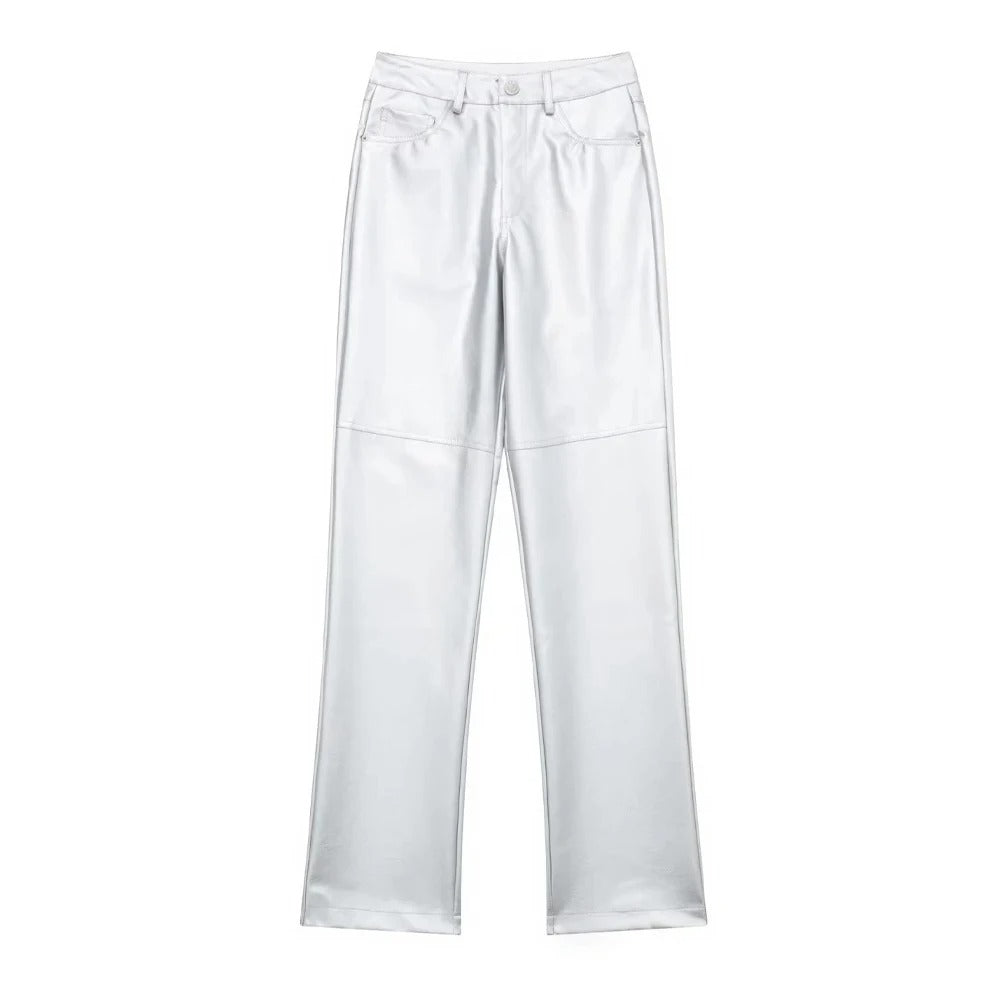 Glänzende Hose mit hohem Bund und geradem Schnitt für Damen