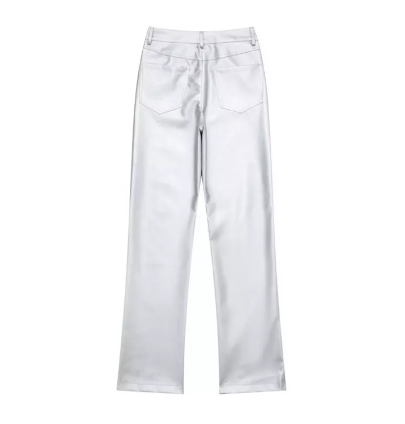 Glänzende Hose mit hohem Bund und geradem Schnitt für Damen