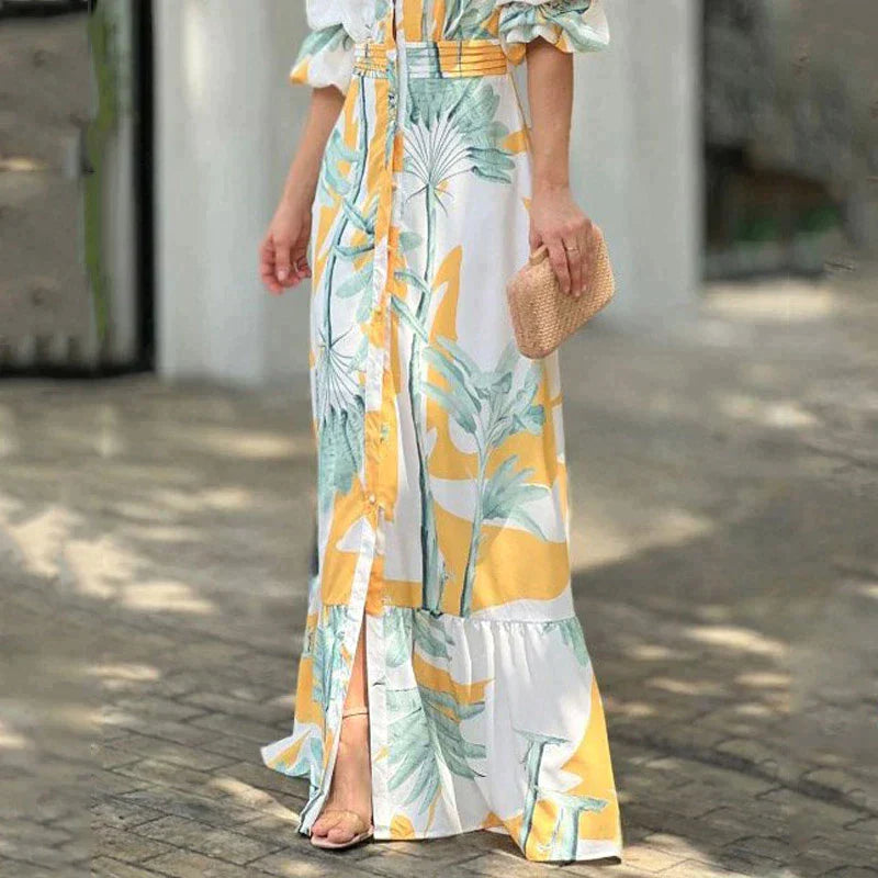 Susanne - Langes Sommerkleid mit süßen Puffärmeln und tiefem V-Ausschnitt